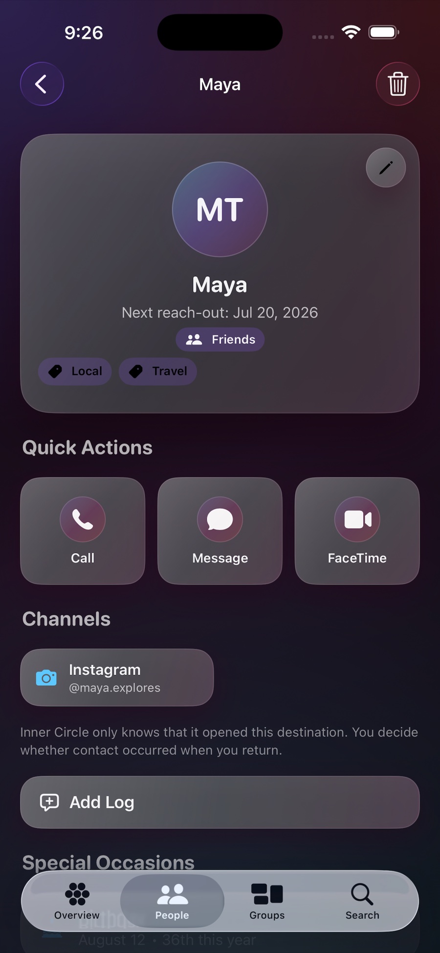 Inner Circle person detail screen with contact actions and interaction logging