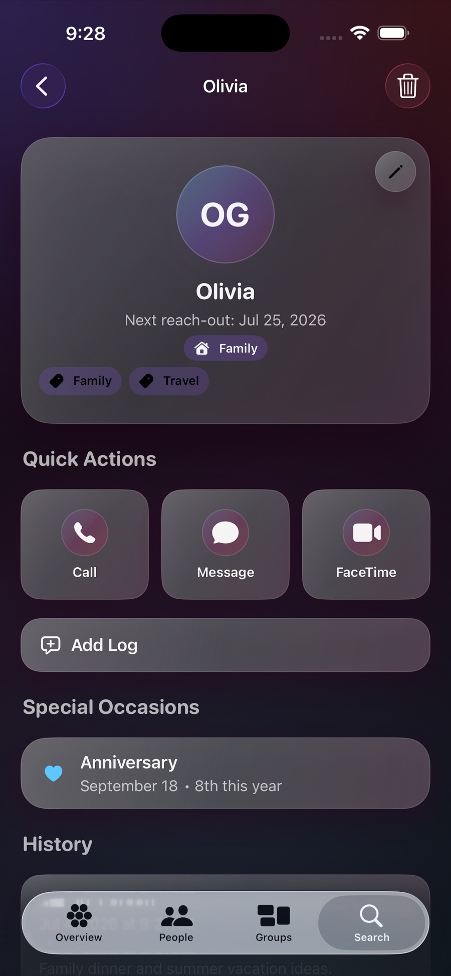 Inner Circle person screen showing an anniversary and interaction history