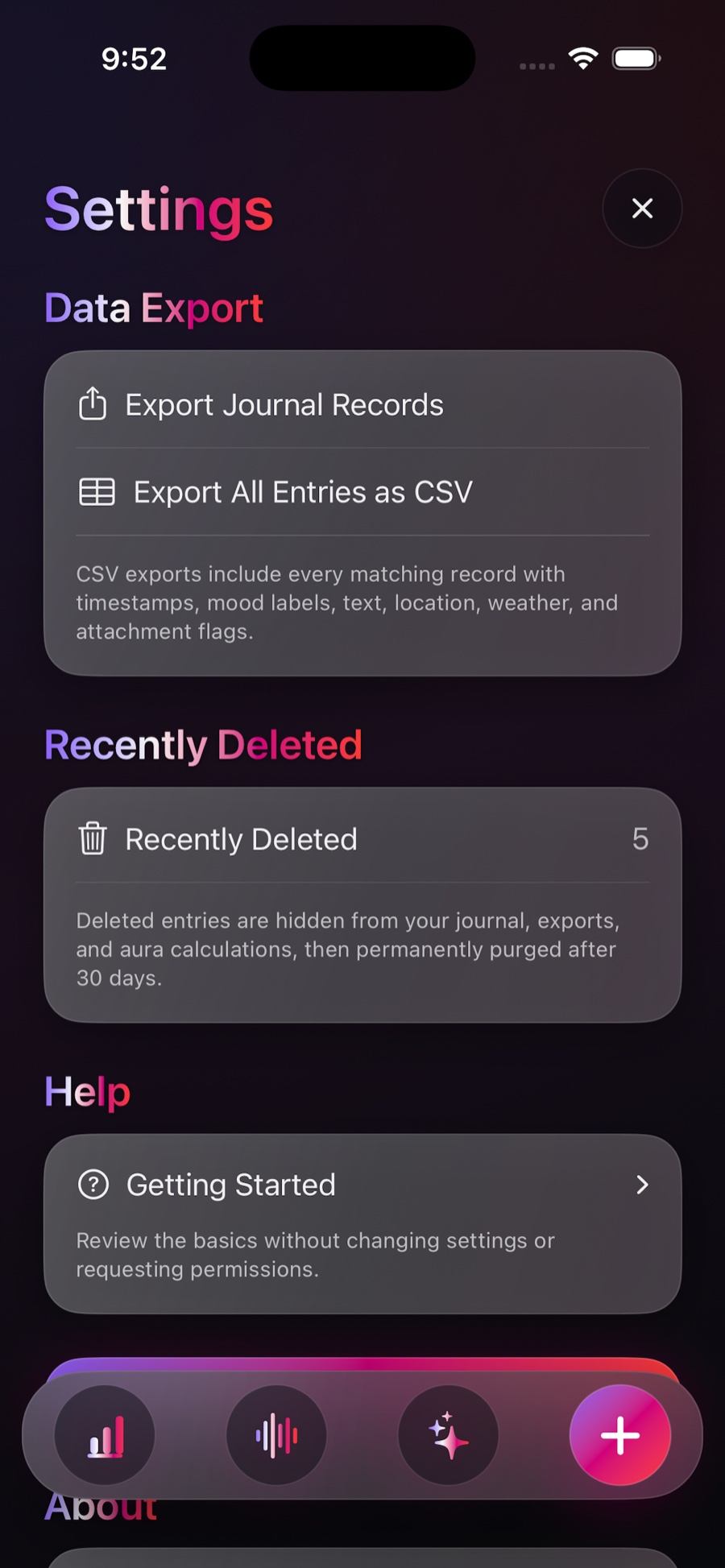 MojiScribe data export settings for journal records and CSV files
